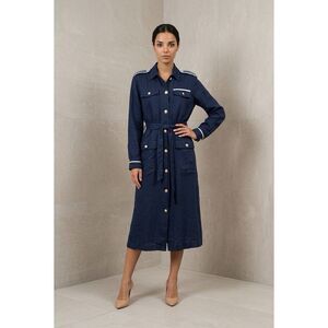 NWT L’AGENCE Kingsley Linen Shirt Dress Coat Navy Military Button Front Belted S